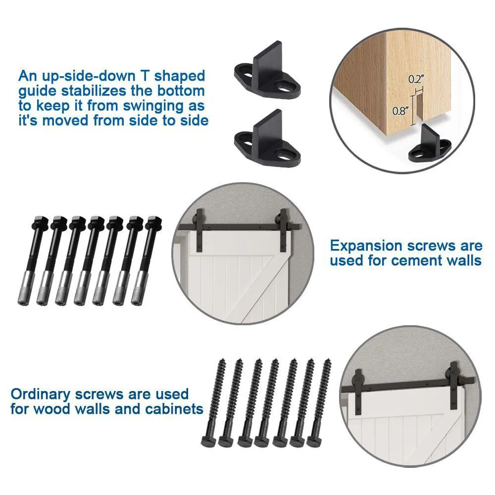 10 ft./120 in. Black Steel Straight Strap Sliding Barn Door Track and Hardware Kit for Double Doors with Floor Guide, photo 3 of 7