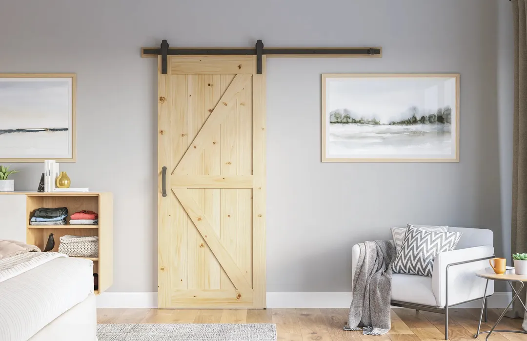 Masonite 36 in. x 84 in. K-Bar Knotty Pine Wood Interior Sliding Barn Door Slab with Hardware Kit, photo 6 of 6