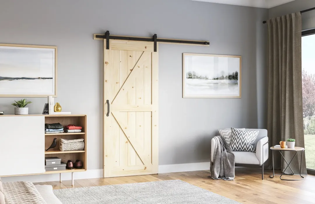 Masonite 36 in. x 84 in. K-Bar Knotty Pine Wood Interior Sliding Barn Door Slab with Hardware Kit, photo 3 of 6