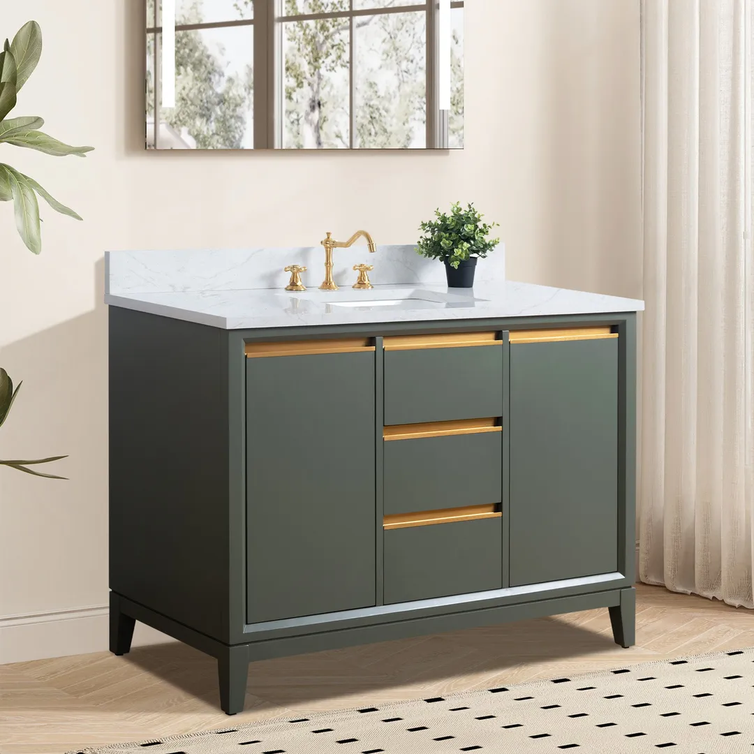 Vanity Art 48 in. W x 22 in. D x 34 in. H Single Sink Bathroom Vanity Cabinet in Vintage Green with Engineered Marble Top, photo 5 of 9