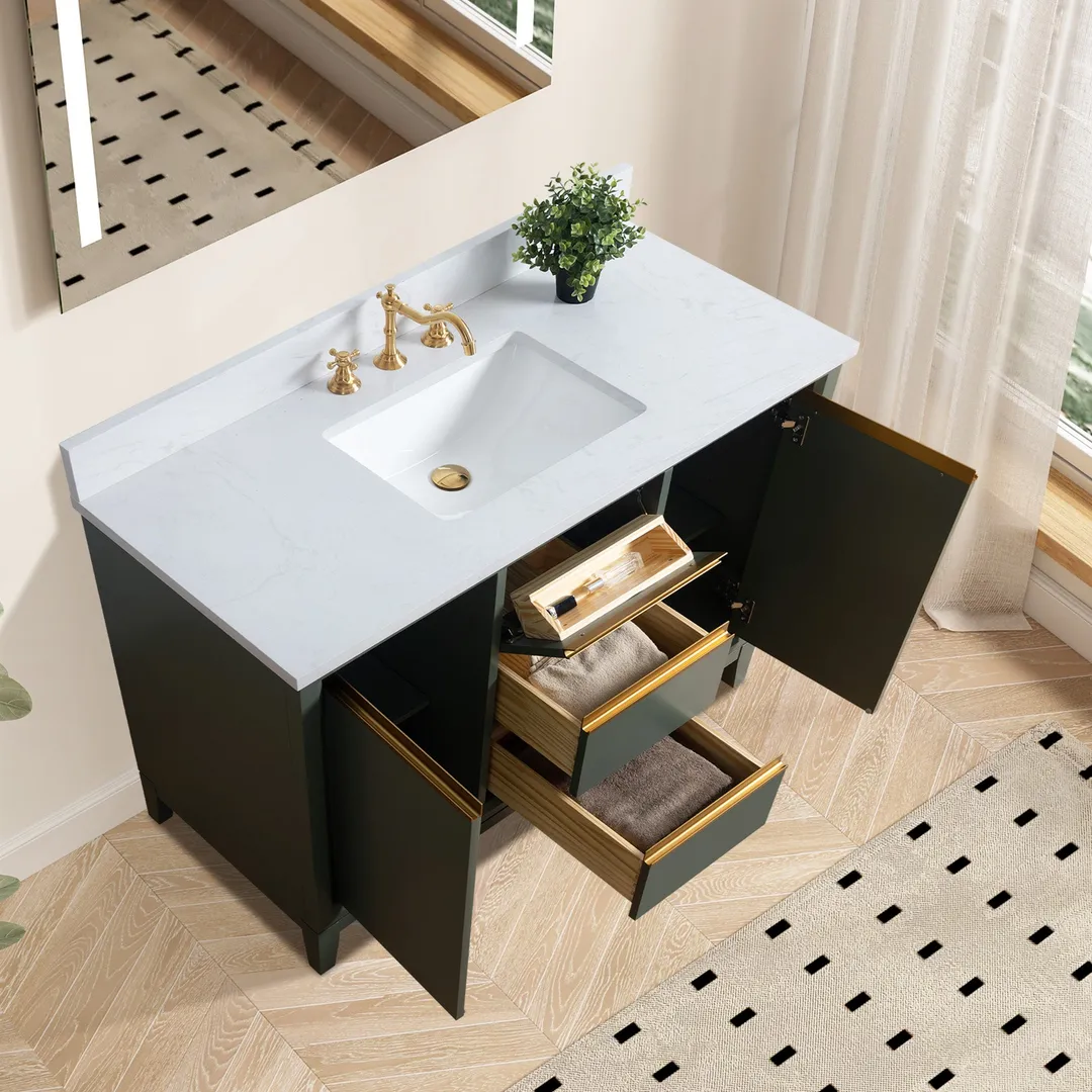 Vanity Art 48 in. W x 22 in. D x 34 in. H Single Sink Bathroom Vanity Cabinet in Vintage Green with Engineered Marble Top, photo 7 of 9