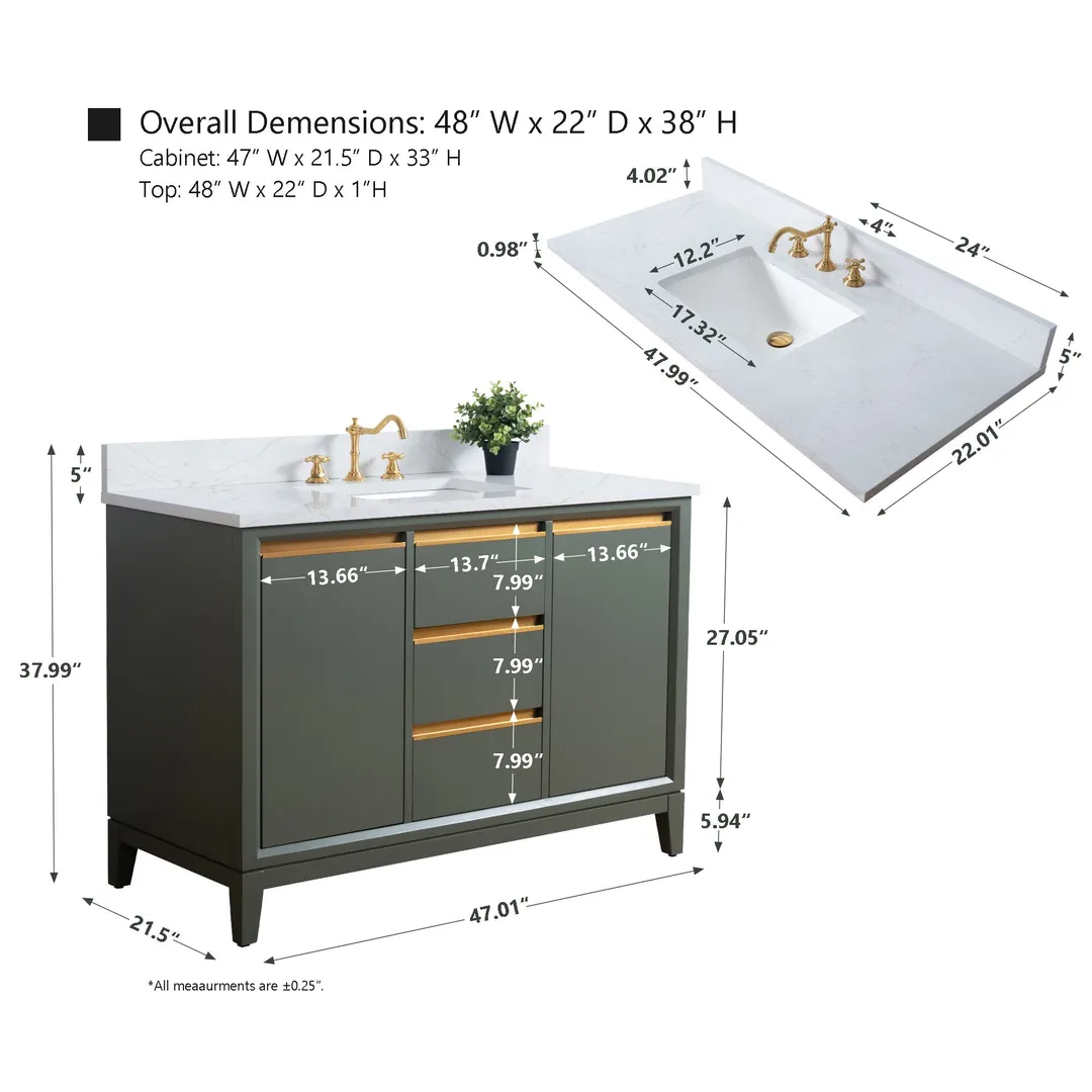 Vanity Art 48 in. W x 22 in. D x 34 in. H Single Sink Bathroom Vanity Cabinet in Vintage Green with Engineered Marble Top, photo 8 of 9