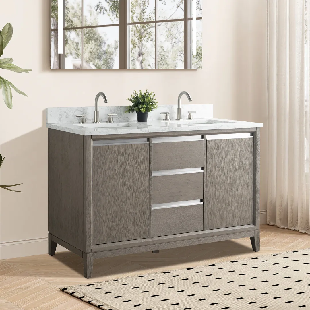Vanity Art 60 in. W x 22 in. D x 34 in. H Double-Sink Bath Vanity, Driftwood Gray, Engineered Marble Top in Arabescato White, photo 4 of 8