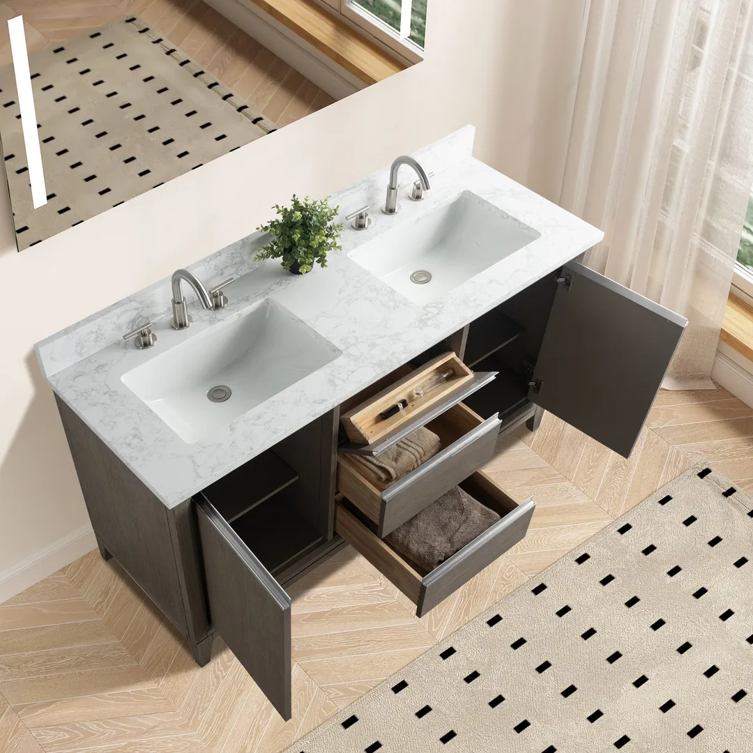 Vanity Art 60 in. W x 22 in. D x 34 in. H Double-Sink Bath Vanity, Driftwood Gray, Engineered Marble Top in Arabescato White, photo 5 of 8
