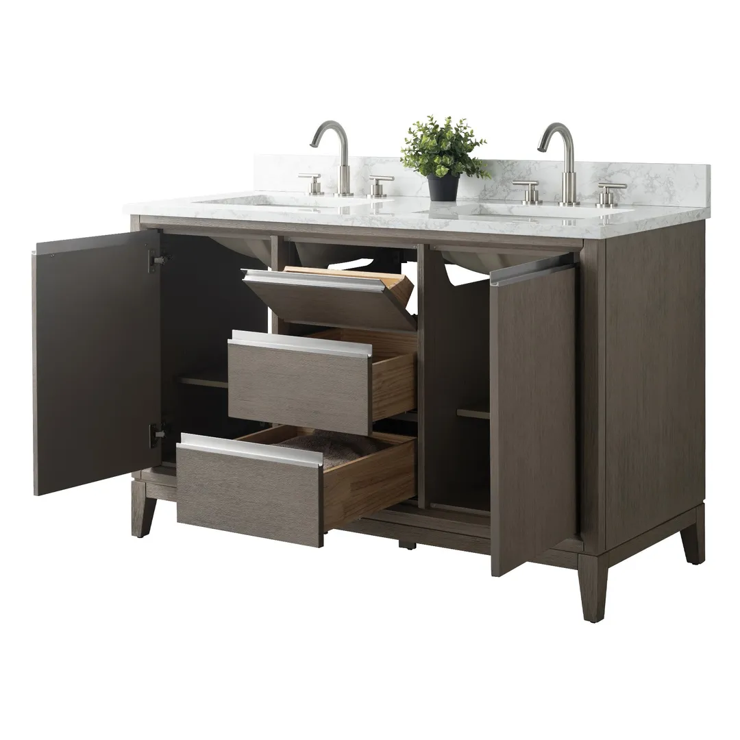 Vanity Art 60 in. W x 22 in. D x 34 in. H Double-Sink Bath Vanity, Driftwood Gray, Engineered Marble Top in Arabescato White, photo 2 of 8
