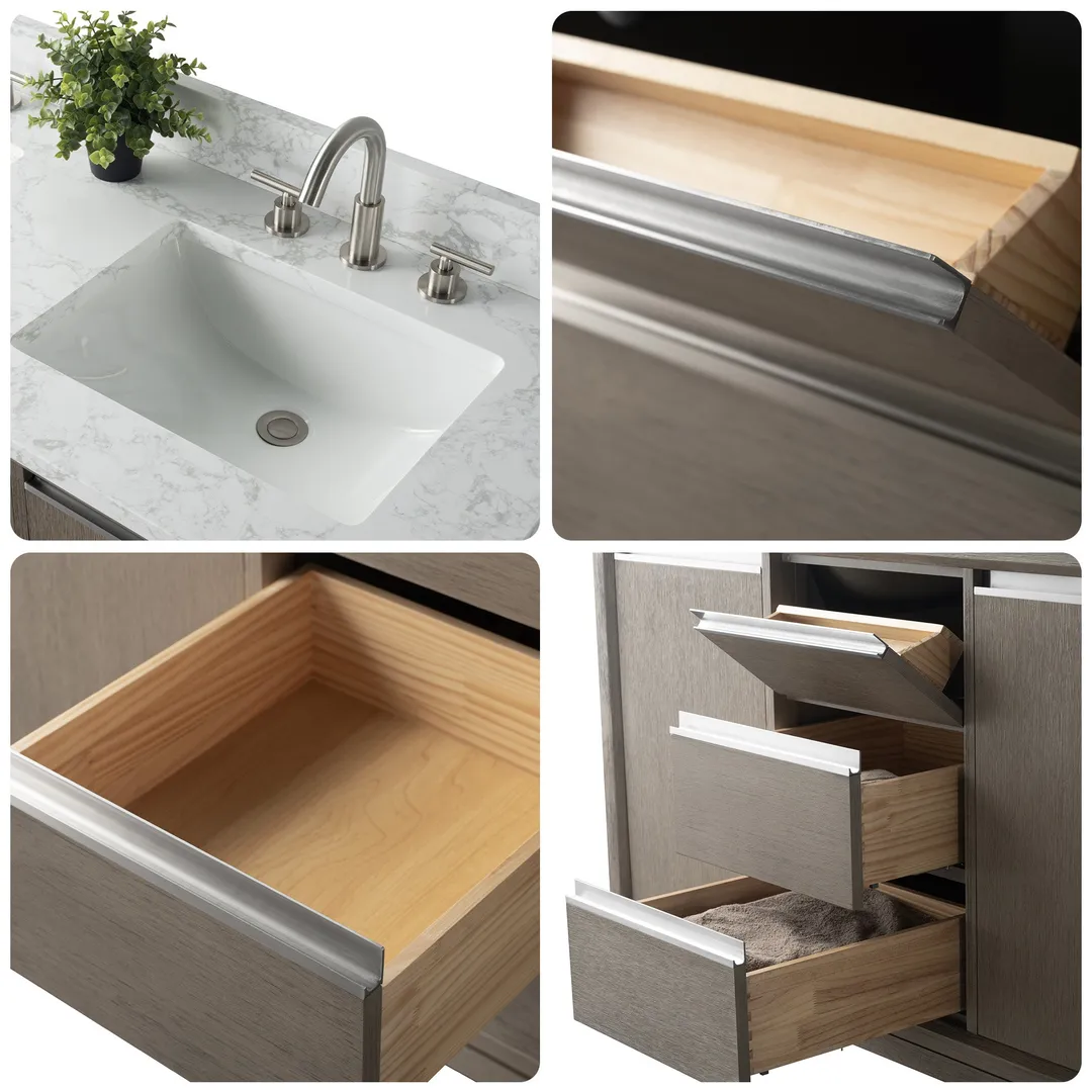 Vanity Art 60 in. W x 22 in. D x 34 in. H Double-Sink Bath Vanity, Driftwood Gray, Engineered Marble Top in Arabescato White, photo 6 of 8