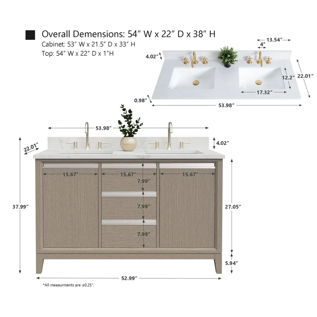 Vanity Art 60 in. W x 22 in. D x 34 in. H Double-Sink Bath Vanity, Driftwood Gray, Engineered Marble Top in Arabescato White, photo 7 of 8
