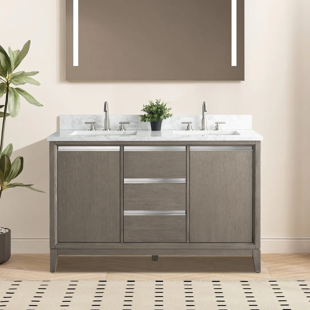 Vanity Art 60 in. W x 22 in. D x 34 in. H Double-Sink Bath Vanity, Driftwood Gray, Engineered Marble Top in Arabescato White, photo 3 of 8