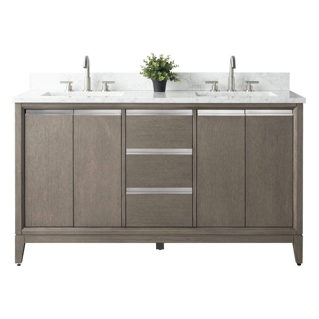 Vanity Art 60 in. W x 22 in. D x 34 in. H Double-Sink Bath Vanity, Driftwood Gray, Engineered Marble Top in Arabescato White, photo 8 of 8