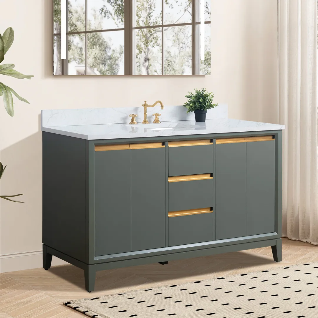 Vanity Art 60 in. W x 22 in. D x 34 in. H Single Sink Bathroom Vanity Cabinet in Vintage Green with Engineered Marble Top in White, photo 4 of 8