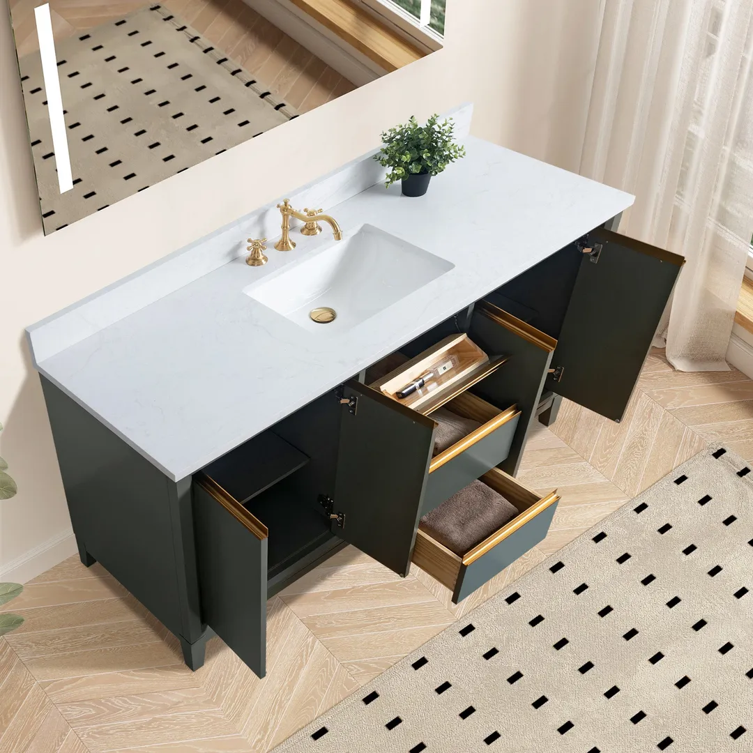 Vanity Art 60 in. W x 22 in. D x 34 in. H Single-Sink Bath Vanity in Driftwood Gray with Engineered Marble Top in Arabescato White, photo 7 of 9