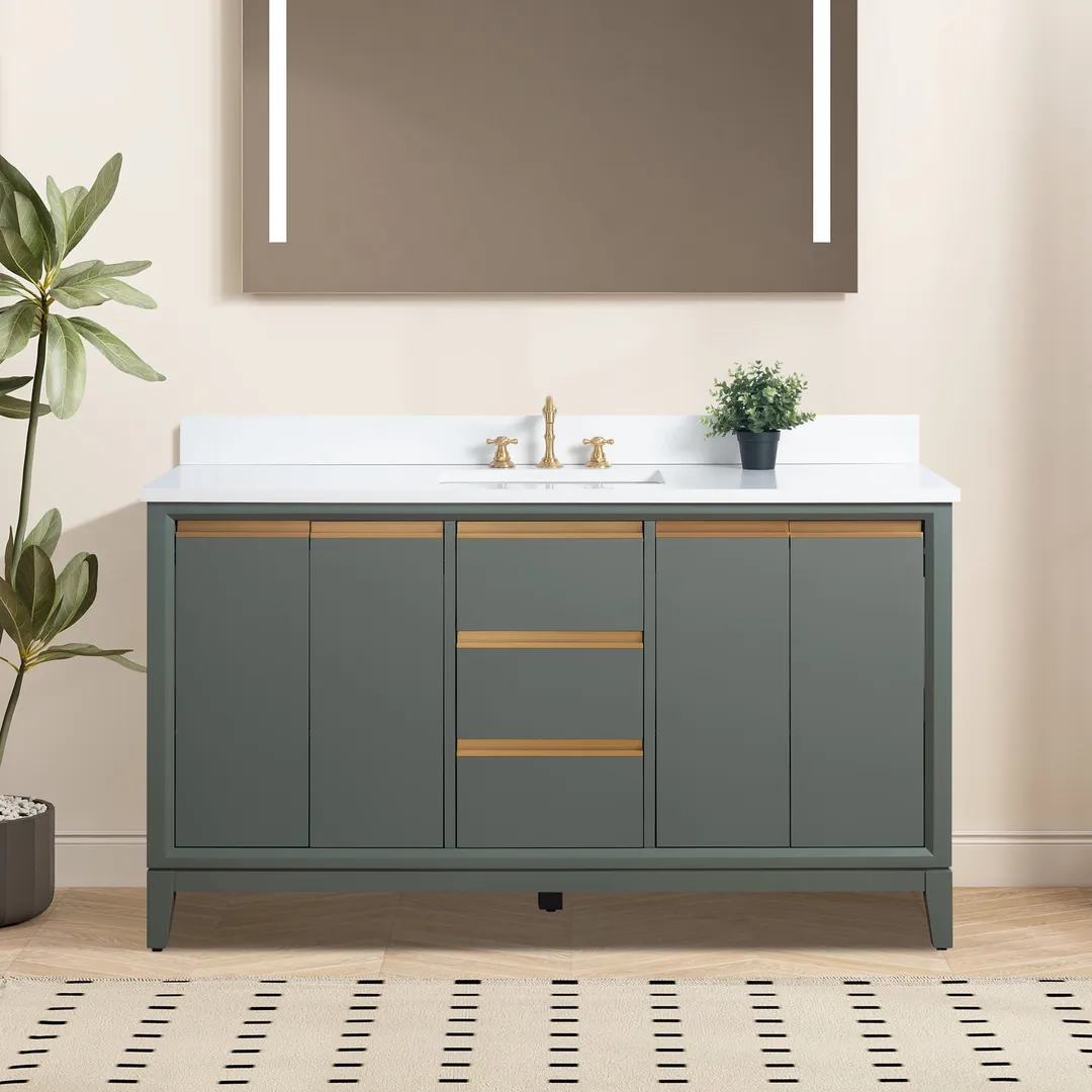 Vanity Art 60 in. W x 22 in. D x 34 in. H Single Sink Bathroom Vanity Cabinet in Vintage Green with Engineered Marble Top in White, photo 3 of 8