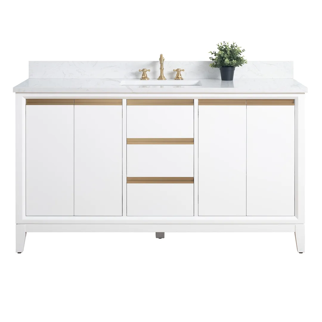 Vanity Art 60 in. W x 22 in. D x 34 in. H Single Sink Bathroom Vanity Cabinet in White with Engineered Marble Top in White, photo 9 of 9