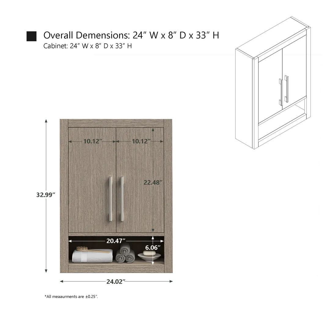 Vanity Art 24 in. W x 8 in. D x 33 in. H Bathroom Storage Wall Cabinet in Driftwood Gray, photo 7 of 8