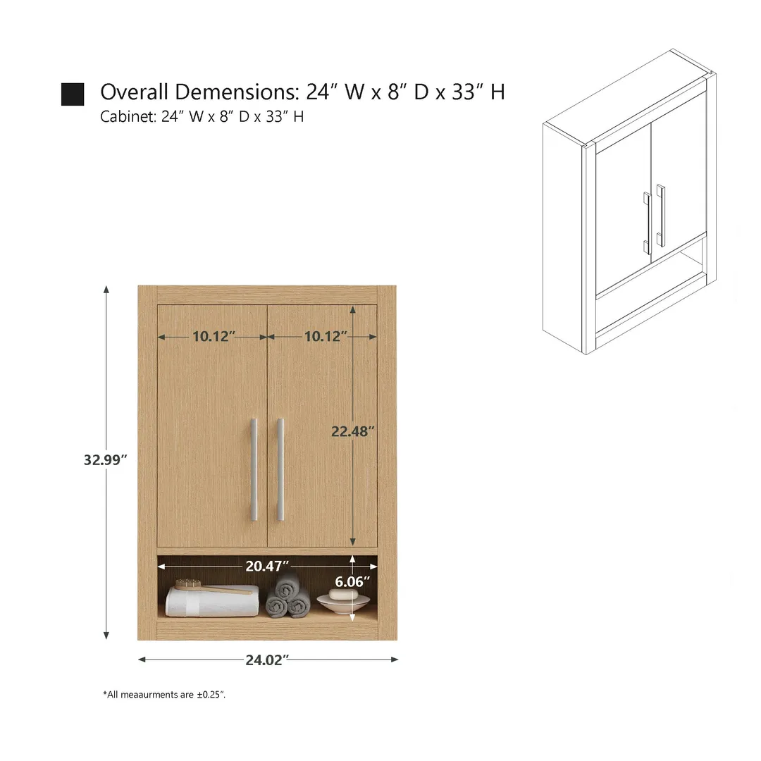 Vanity Art 24 in. W x 8 in. D x 33 in. H Bathroom Storage Wall Cabinet in Natural Oak (Golden Brushed), photo 7 of 8