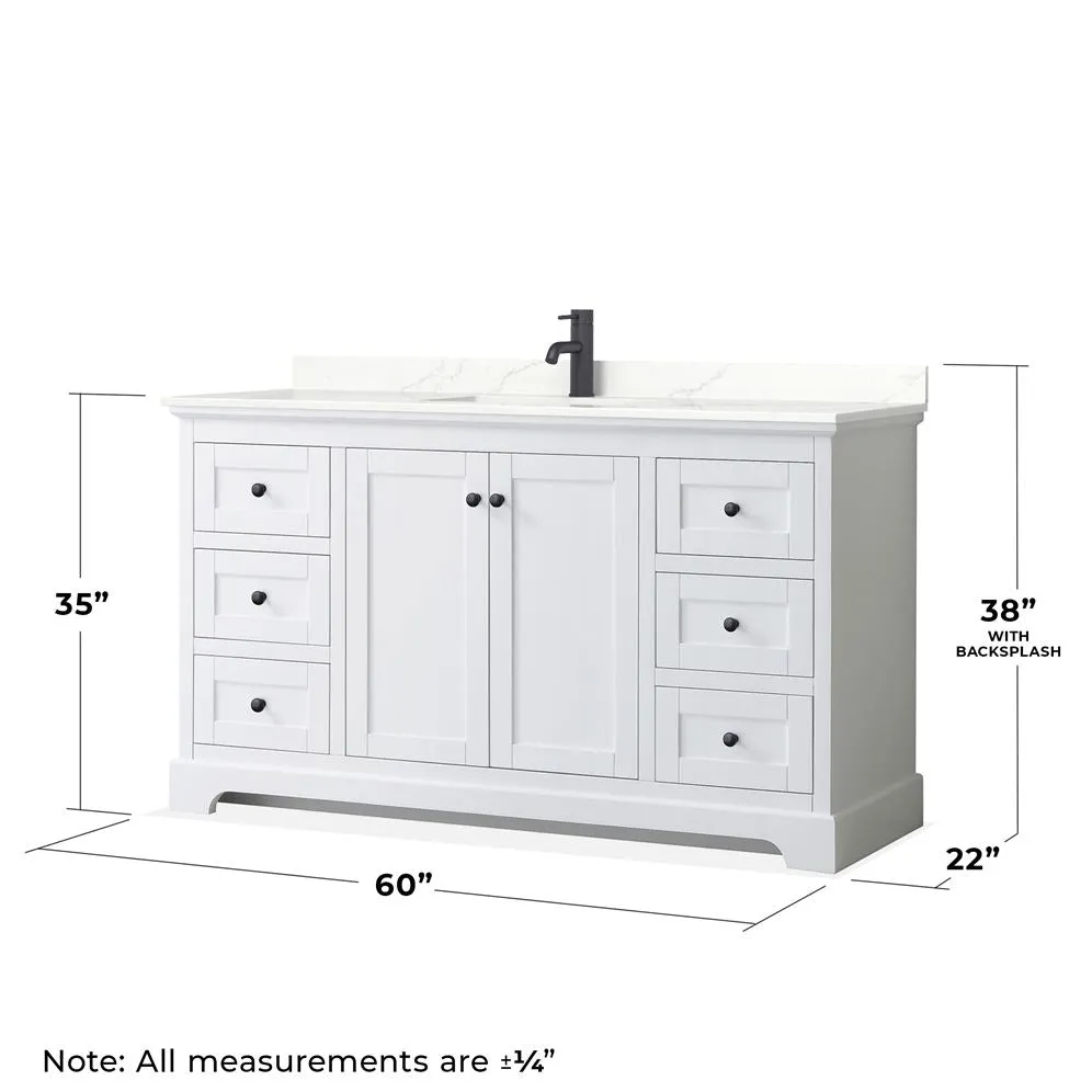 Wyndham Collection Avery 60-in White Single Sink Bathroom Vanity with White Carrara Marble Top, photo 5 of 11