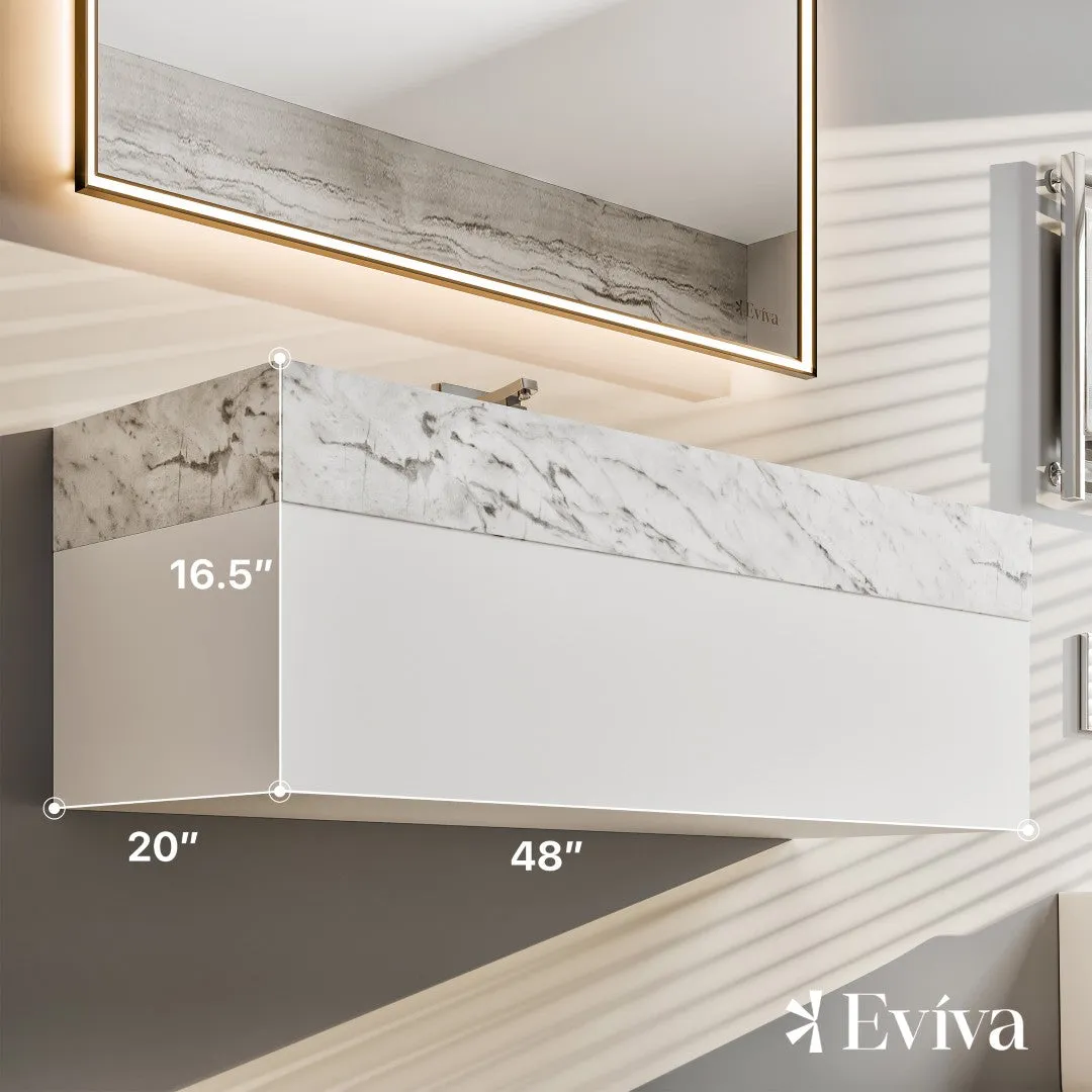 Eviva Fritti 48 in. W x 20 in. D x 16.5 in. H Floating Bathroom Vanity in White with White Carrara Marble Top with Trough Sink, photo 2 of 7
