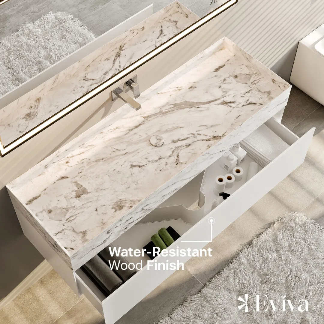 Eviva Fritti 48 in. W x 20 in. D x 16.5 in. H Floating Bathroom Vanity in White with White Carrara Marble Top with Trough Sink, photo 4 of 7