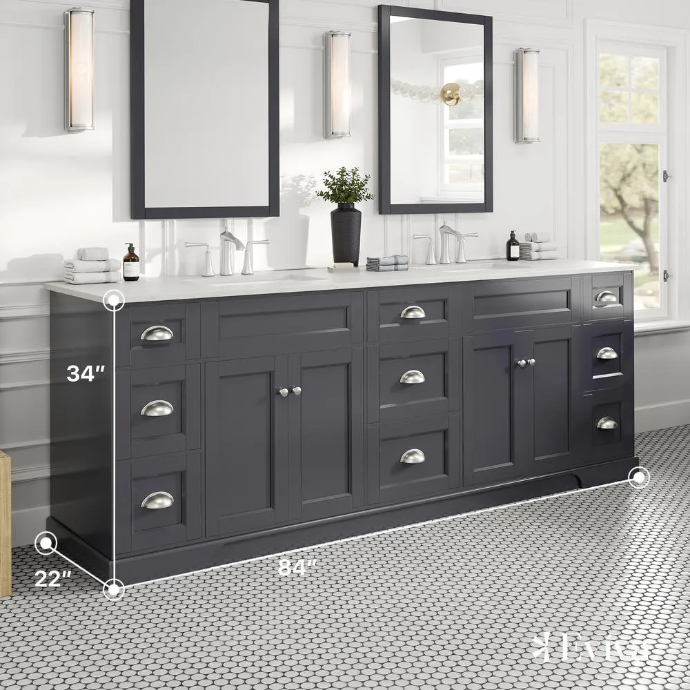 Eviva Epic 84 in. W x 22 in. D x 34 in. H Double Bathroom Vanity, Charcoal Gray, White Quartz Top, White Undermount Sinks, photo 3 of 8