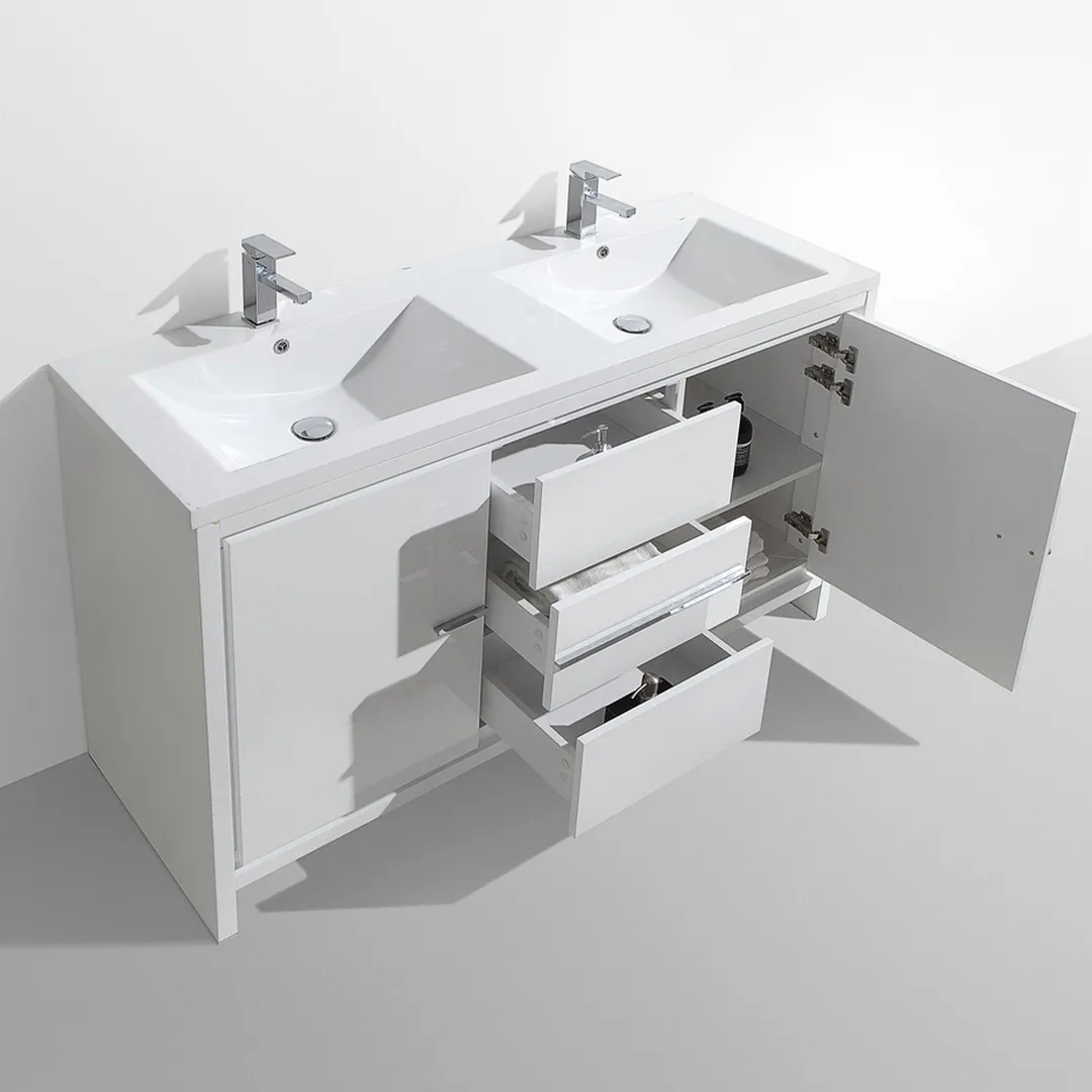 Eviva Grace 60 in. W x 20 in. D x 36 in. H Double Bathroom Vanity in White with White Acrylic Top with White Sinks, photo 5 of 8
