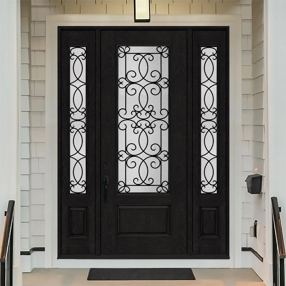 Steves & Sons Regency 64 in. x 80 in. 3/4 Lite Georgian Decorative Glass LHOS Chestnut Mahogany Fiberglass Prehung Front Door with 12 in. Sidelites, photo 2 of 4
