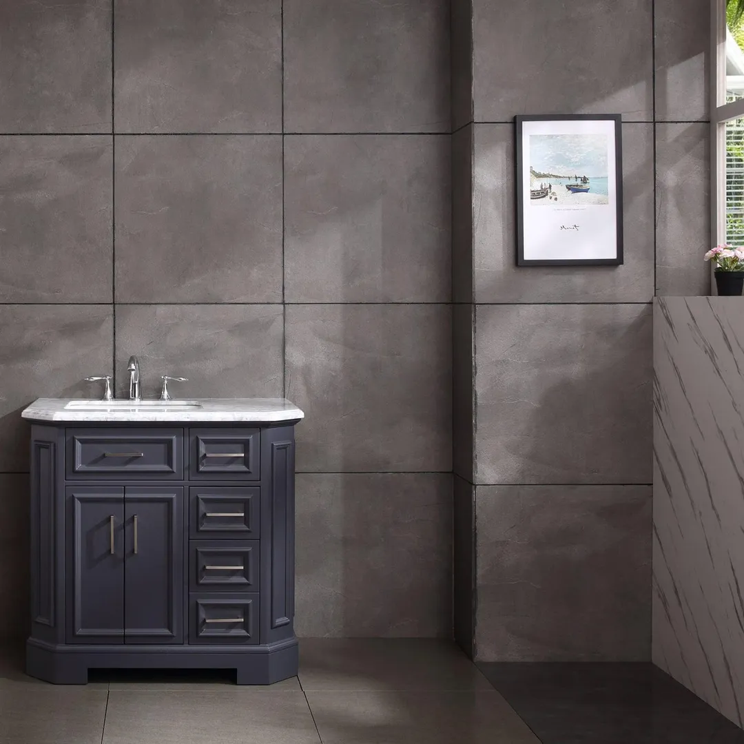Eviva Glory 42 in. W x 22 in. D x 33 in. H Bathroom Vanity in Dark Gray with White Carrara Marble Top and White Sink, photo 2 of 3