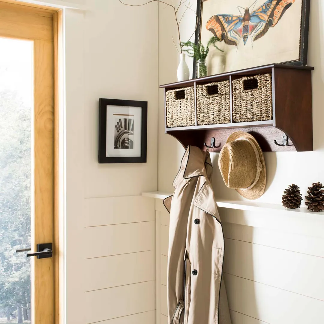 Safavieh Finley Hanging 3 Basket Wall Rack (Cherry, 28" x 7.8" x 12"), in a room, photo 2 of 5