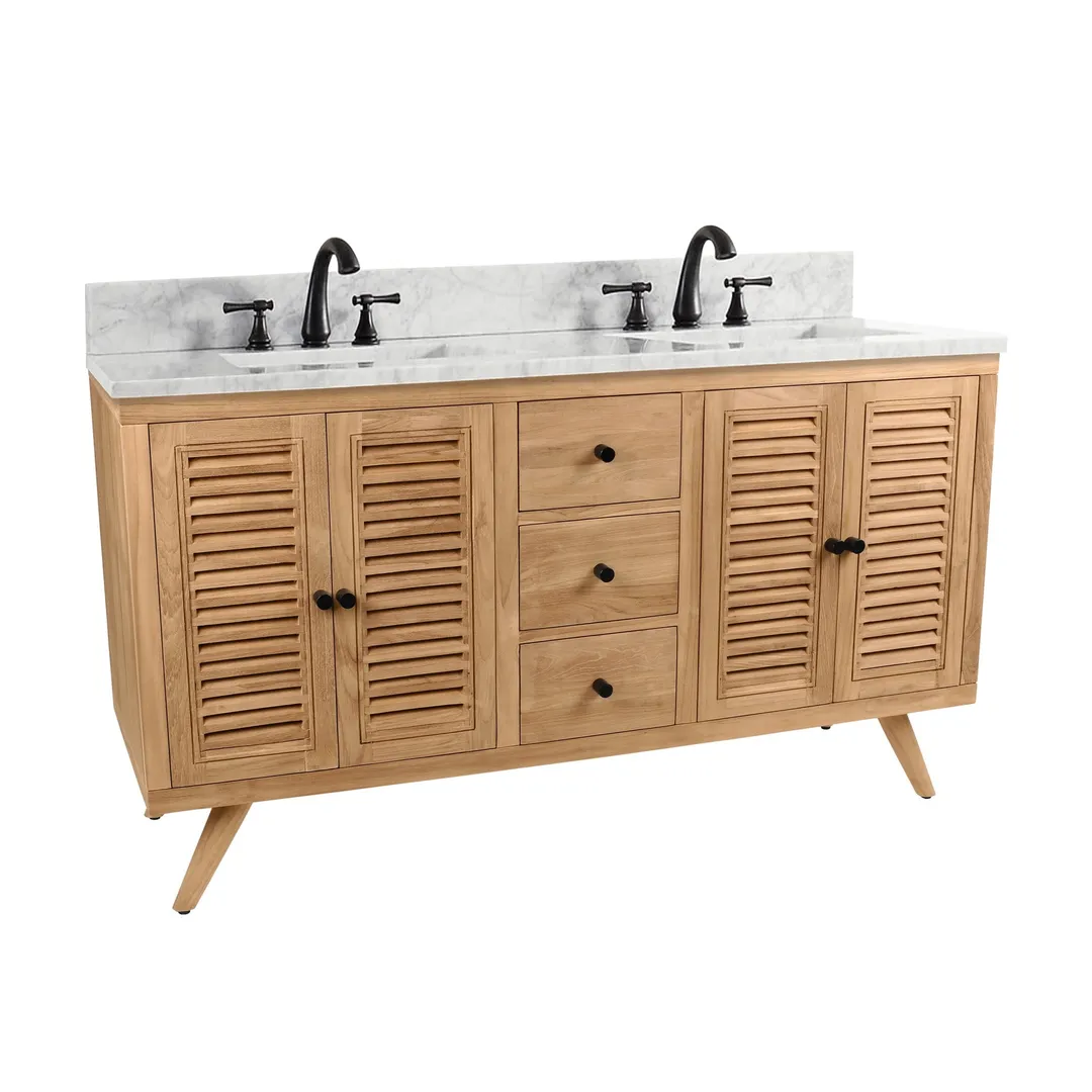 Avanity Harper 60-in Natural Teak Double Sink Bathroom Vanity Cabinet with Carrara White Marble Top, photo 6 of 12