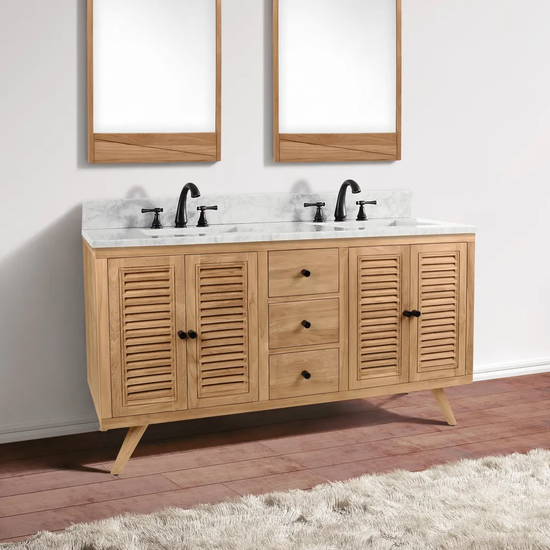 Avanity Harper 60-in Natural Teak Double Sink Bathroom Vanity Cabinet with Carrara White Marble Top, in a room, photo 11 of 12