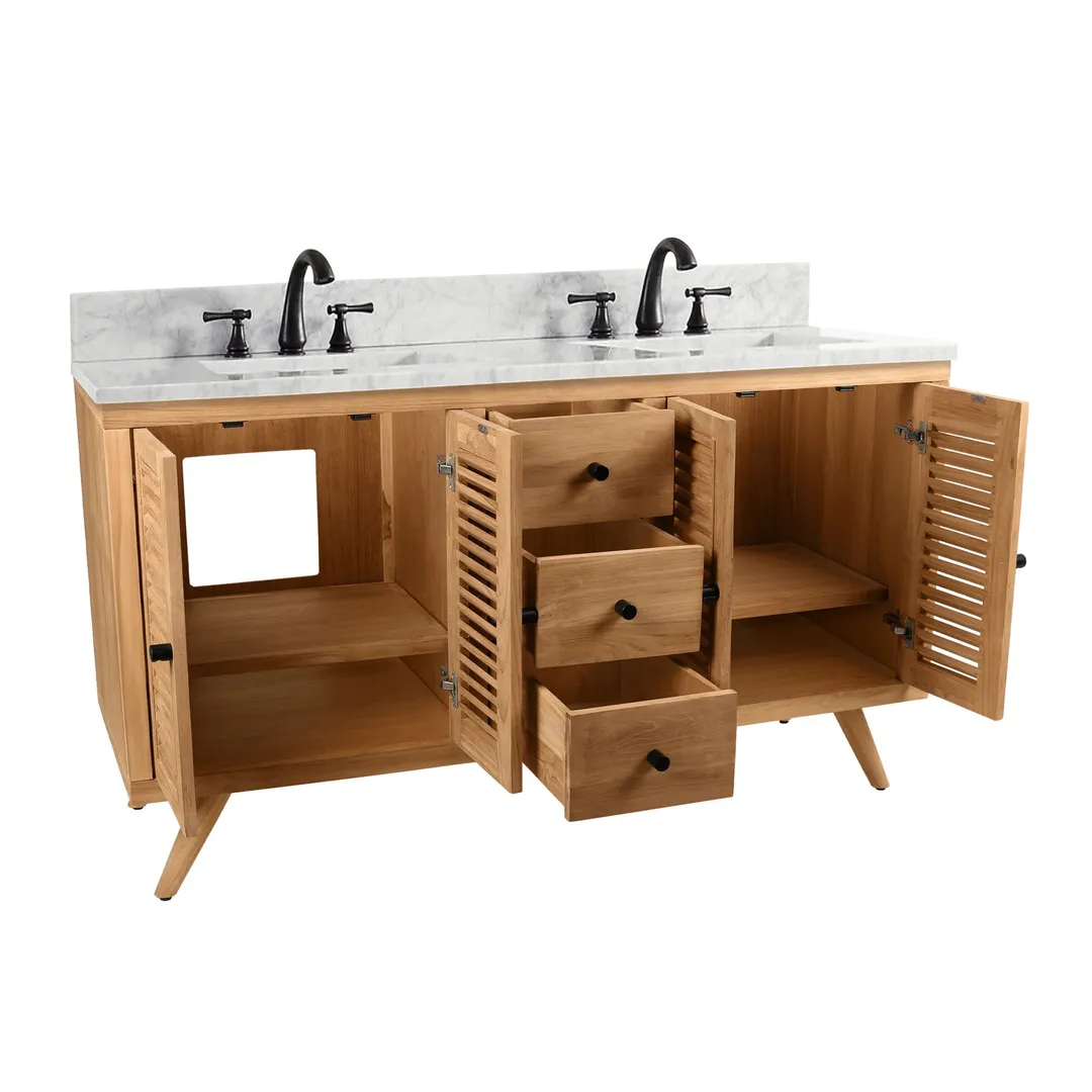 Avanity Harper 60-in Natural Teak Double Sink Bathroom Vanity Cabinet with Carrara White Marble Top, photo 7 of 12