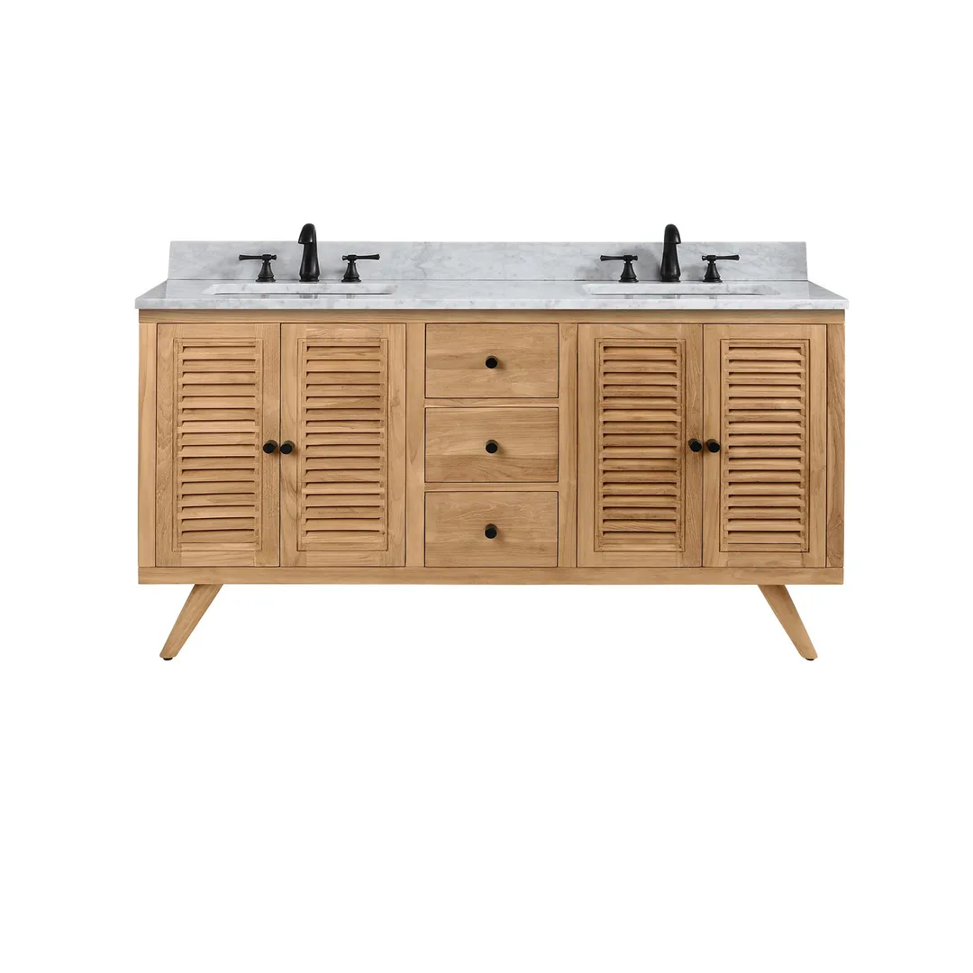 Avanity Harper 60-in Natural Teak Double Sink Bathroom Vanity Cabinet with Carrara White Marble Top, photo 5 of 12