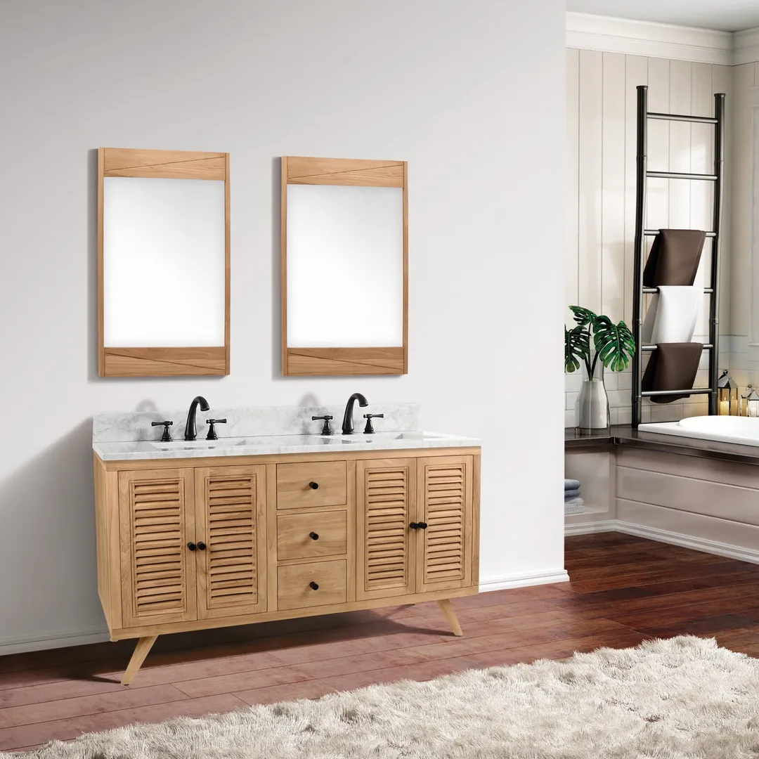 Avanity Harper 60-in Natural Teak Double Sink Bathroom Vanity Cabinet with Carrara White Marble Top, photo 12 of 12