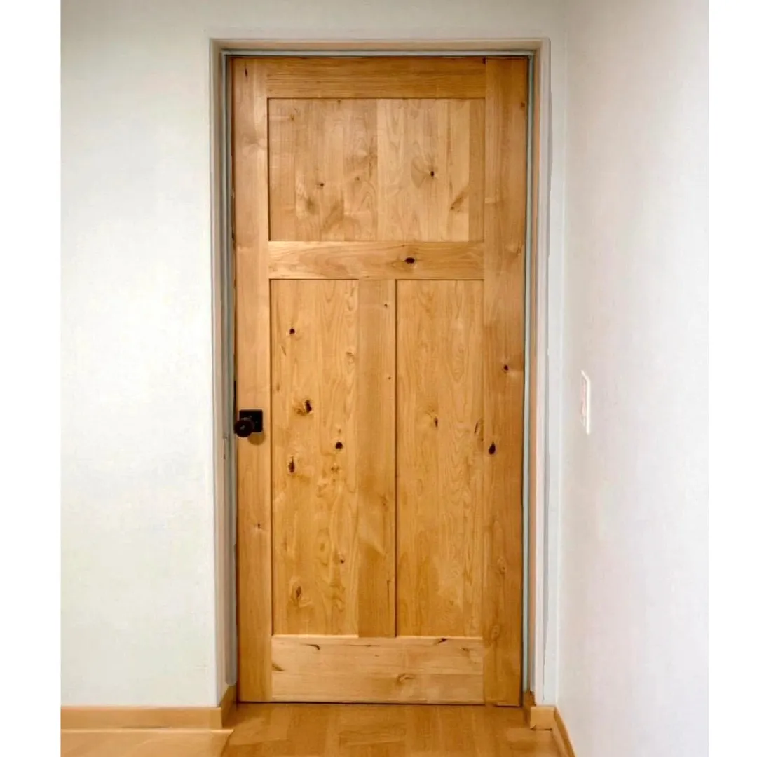 Krosswood Doors 30 in. x 80 in. Krosswood Craftsman 3-Panel Shaker Solid Wood Core Rustic Knotty Alder Interior Door Slab, in a room, photo 7 of 14