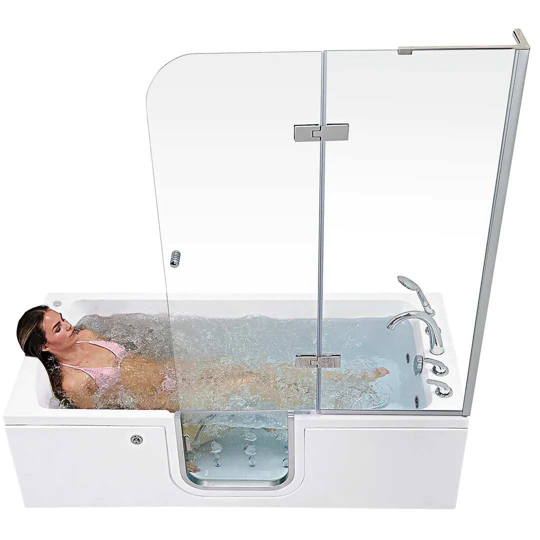 Ella Laydown 72 in. Walk-in Whirlpool Bathtub in White with Left-Hinged Middle Glass Door and 2 in. Left Drain, photo 12 of 14