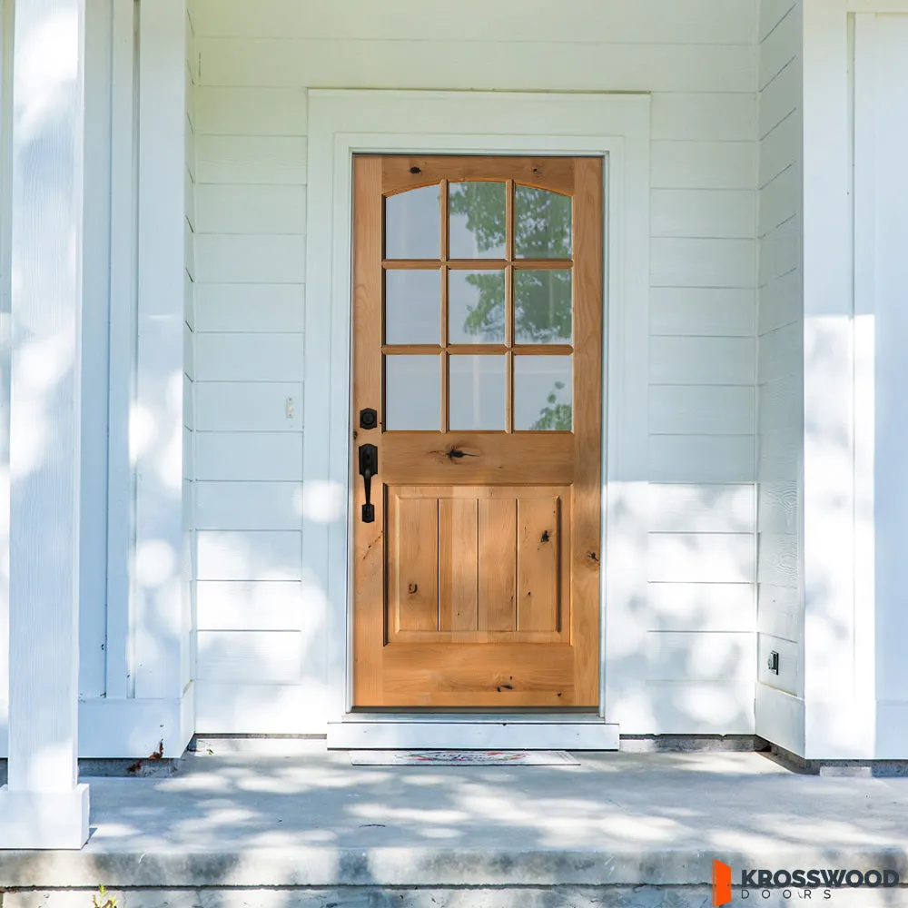 Krosswood Doors Krosswood 36 in. x 80 in. Rustic Knotty Alder Arch Top 9‑Lite Clear Glass with V-Panel Unfinished Wood Front Door Slab, photo 4 of 8