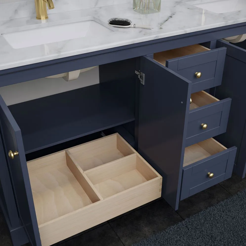 Wyndham Collection Avery 72-in Dark Blue Double Sink Bathroom Vanity with White Carrara Marble Top, photo 8 of 10