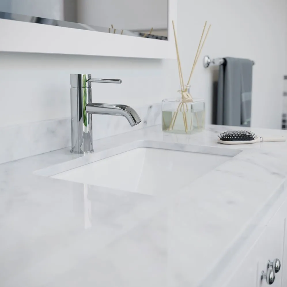 Wyndham Collection Avery 48-in White Single Sink Bathroom Vanity with White Carrara Marble Top, Mirror Included, photo 9 of 12