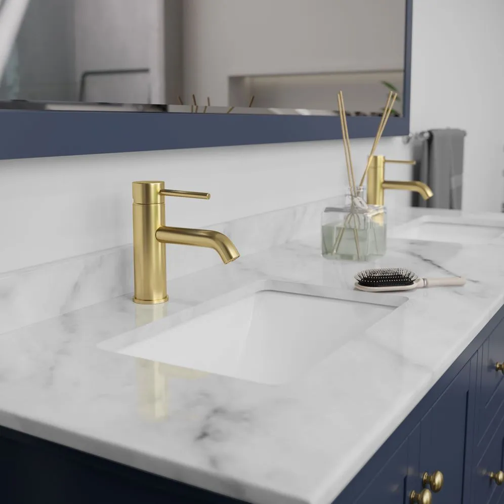 Wyndham Collection Avery 72-in Dark Blue Double Sink Bathroom Vanity with White Carrara Marble Top, Mirror Included, photo 8 of 11