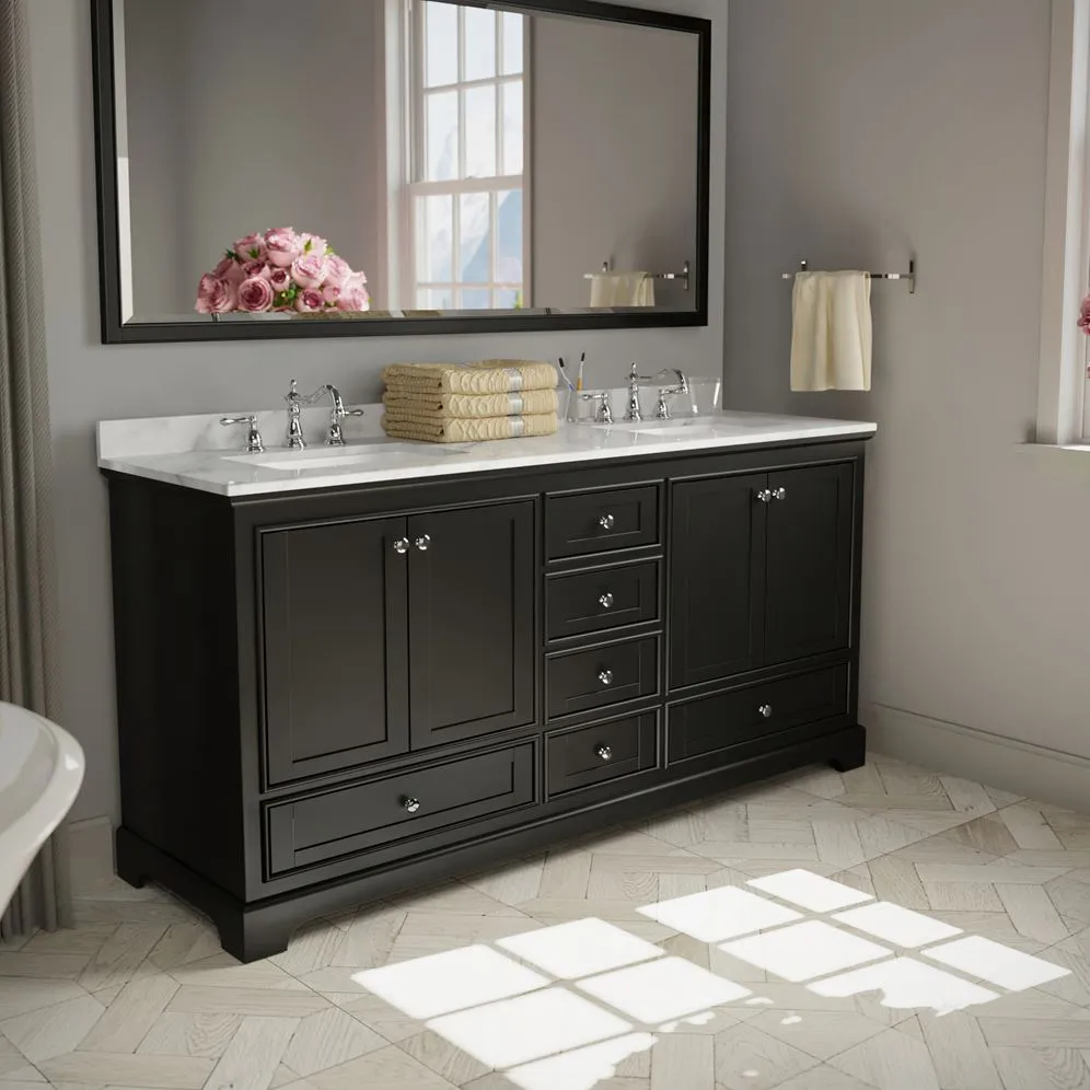 Wyndham Collection Deborah 72-in Dark Espresso Double Sink Bathroom Vanity with White Carrara Marble Top, photo 4 of 9