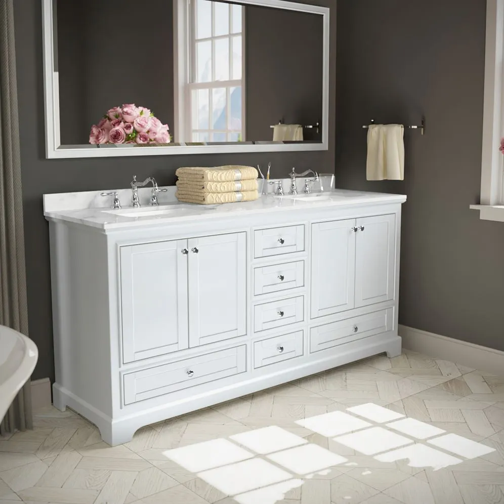 Wyndham Collection Deborah 72-in White Double Sink Bathroom Vanity with White Carrara Marble Top, photo 6 of 10