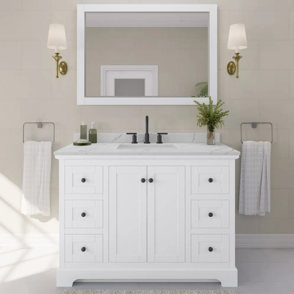 Wyndham Collection Avery 48-in White Single Sink Bathroom Vanity with White Carrara Marble Top, Mirror Included, photo 7 of 12