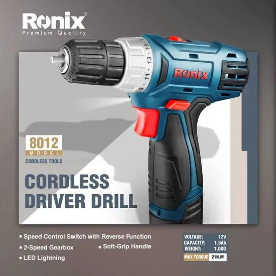 Ronix 8012 Cordless Drill Set Brushless Power Drill Kit with Fast Charger Keyless Chuck and Variable Speed Home Repairing Tool, photo 2 of 6