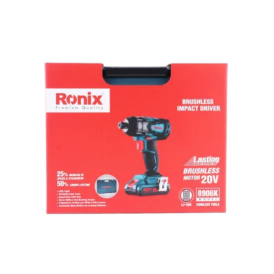 Ronix 8906K 20V Lithium Batteries Handheld Cordless Brushless Impact Driver Kit, photo 4 of 4