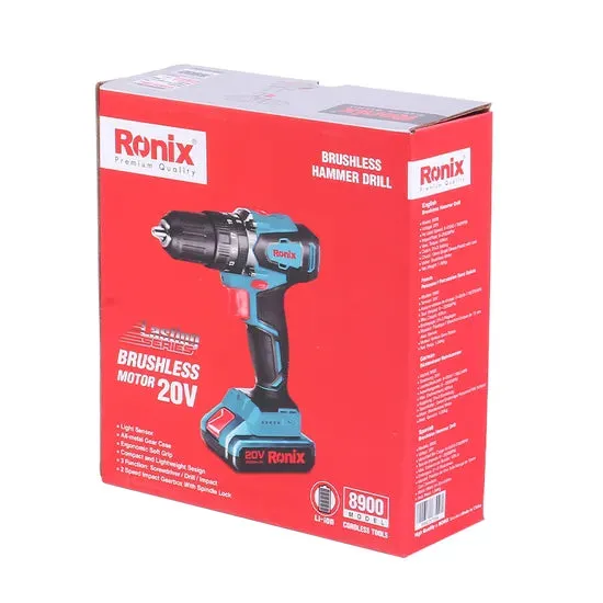 Ronix Model 8900~8900K in Stock 20V 2A New Design Cordless Impact Drill Brushless Hammer Drill Machine, photo 6 of 6