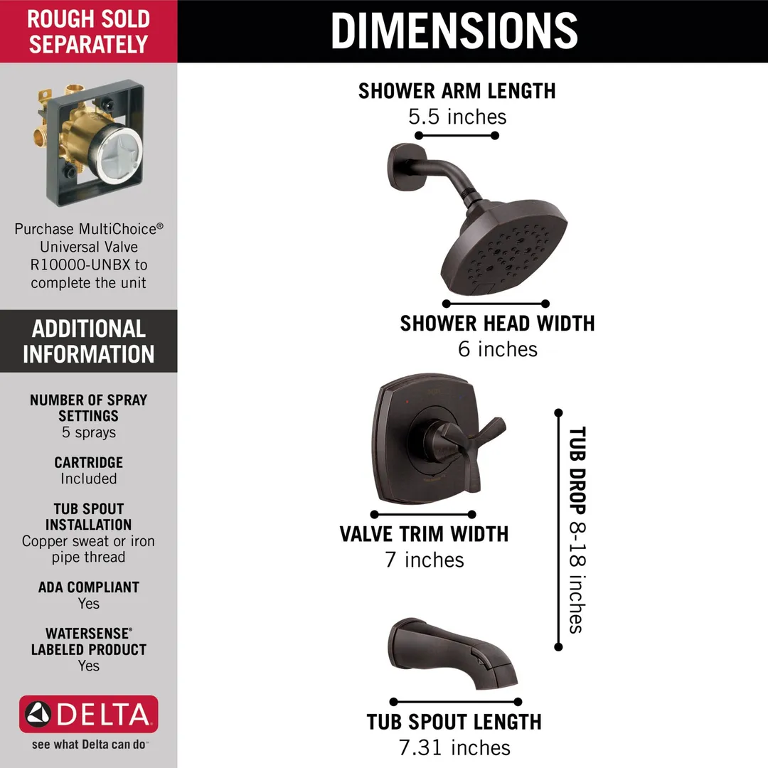Delta 0.5-in Venetian Bronze Bathtub/Shower Mixer, H2Okinetic, Monitor, Trim Kit T144766-RB, photo 3 of 3