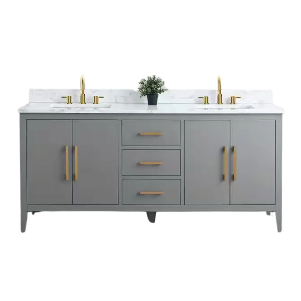 Vanity Art 72 in. W x 22 in. D x 34 in. H Double Sink Bathroom Vanity Cabinet in Cashmere Gray with Engineered Marble Top, photo 1 of 9