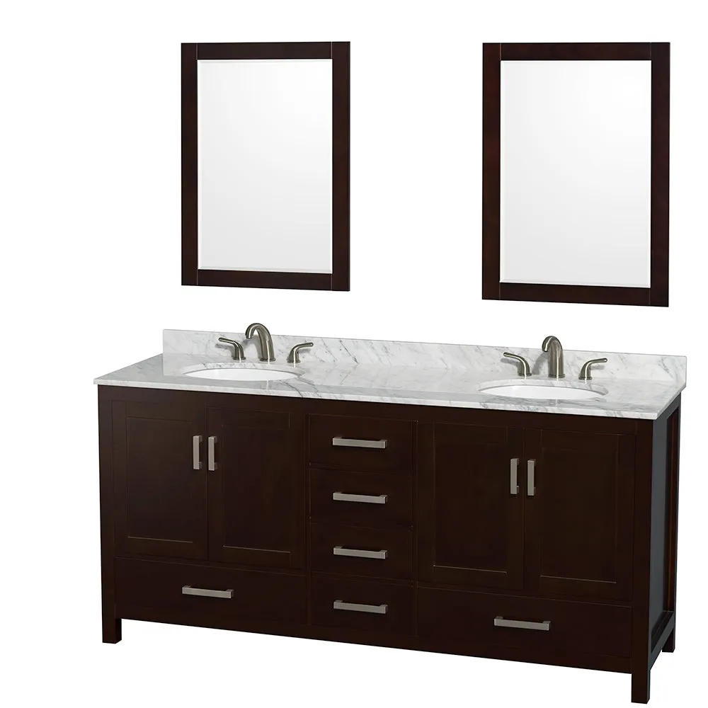 Wyndham Collection Sheffield 72-in Espresso Double Sink Bathroom Vanity with White Carrara Marble Top, Mirror Included, photo 4 of 8