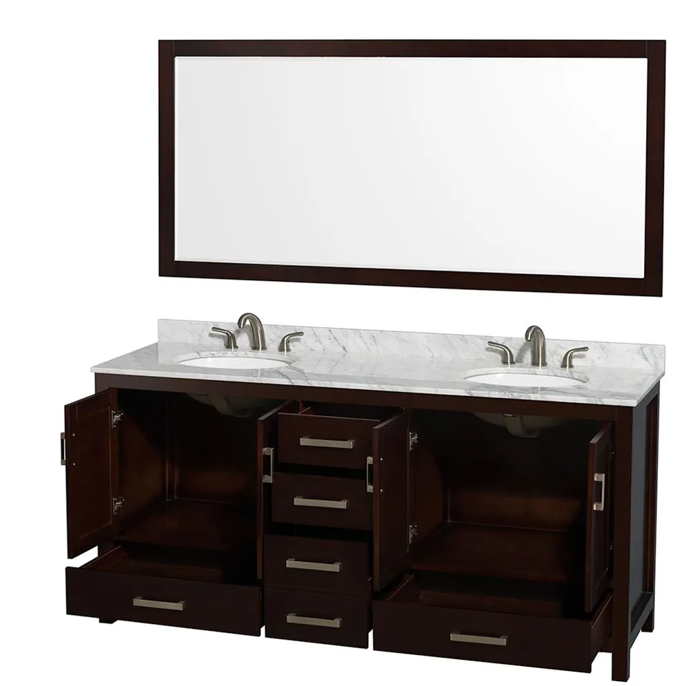 Wyndham Collection Sheffield 72-in Espresso Double Sink Bathroom Vanity with White Carrara Marble Top, Mirror Included, photo 5 of 8