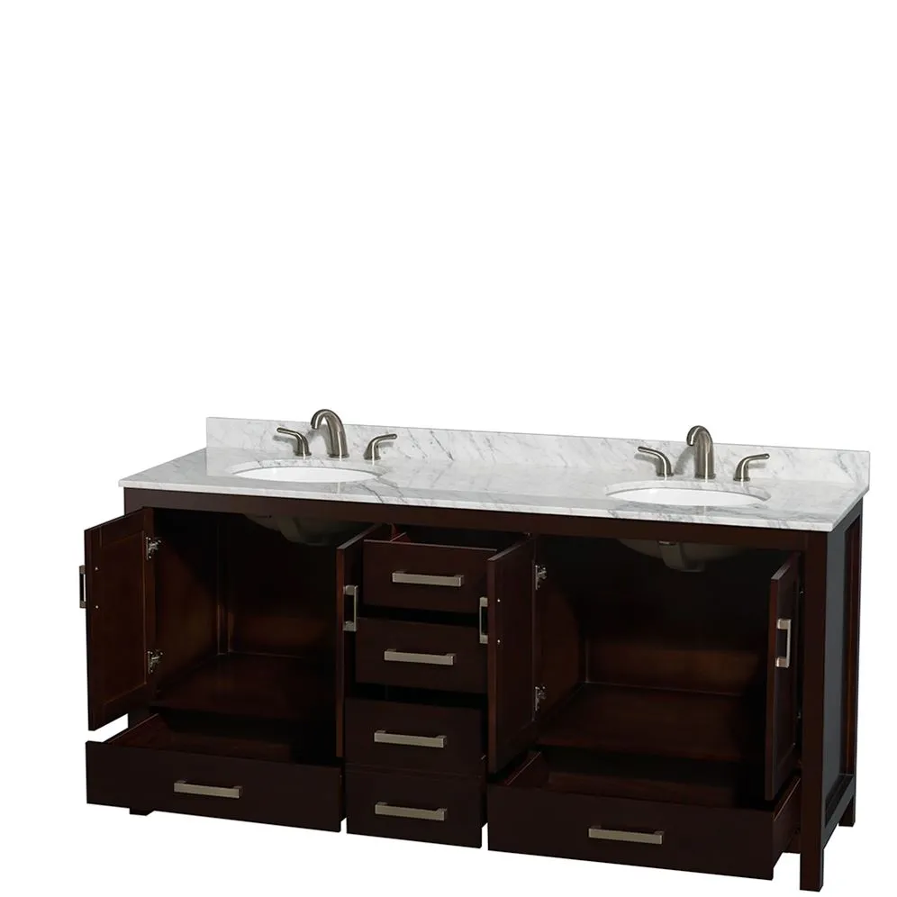 Wyndham Collection Sheffield 72-in Espresso Double Sink Bathroom Vanity with White Carrara Marble Top, Mirror Included, photo 7 of 8