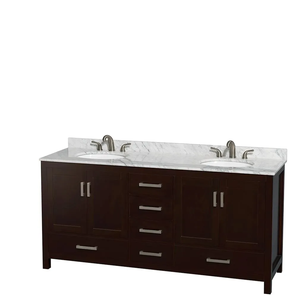 Wyndham Collection Sheffield 72-in Espresso Double Sink Bathroom Vanity with White Carrara Marble Top, Mirror Included, photo 6 of 8